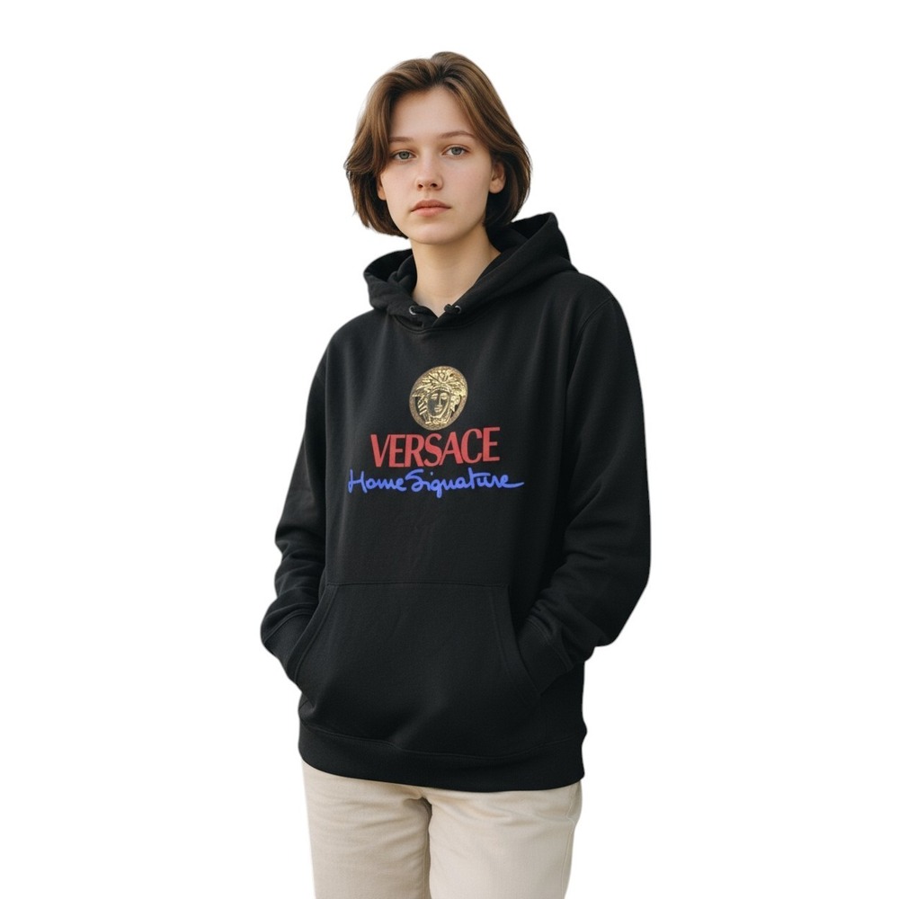 Versace Black Hoodie with Gold Medusa and Red & Blue Logo